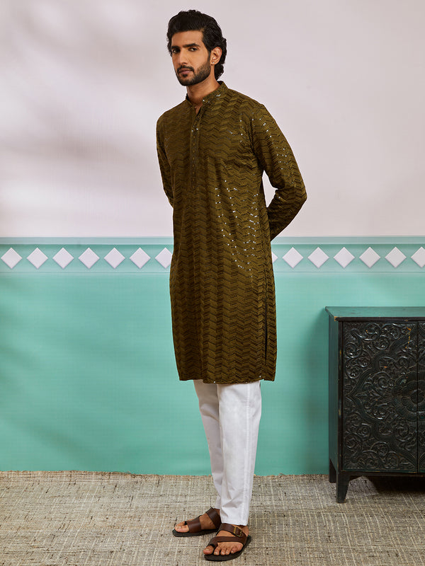 Men's Mehendi Green Rayon Kurta And Pyjama Set